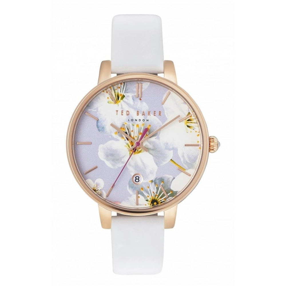 Rose Gold Plated Date Window Dial & White Leather Strap Ladies Wristwatch