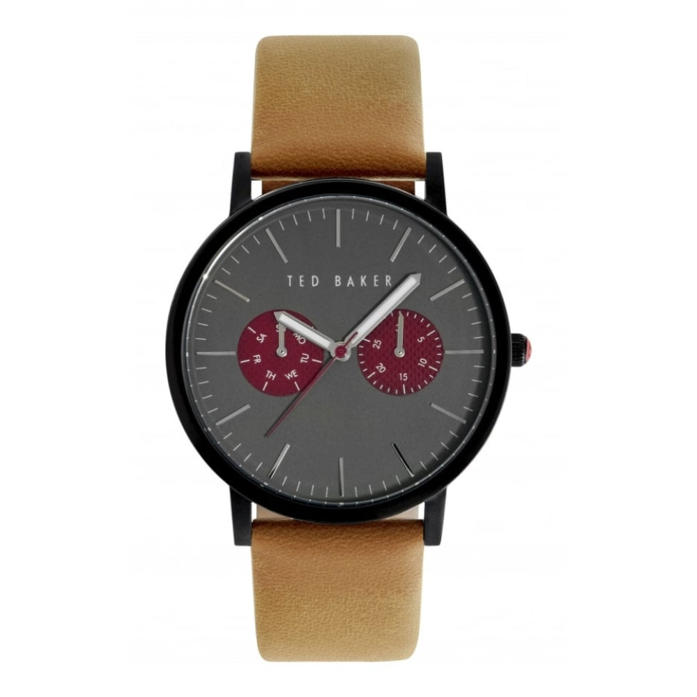 Tan Leather Black Case Dual Dial Watch