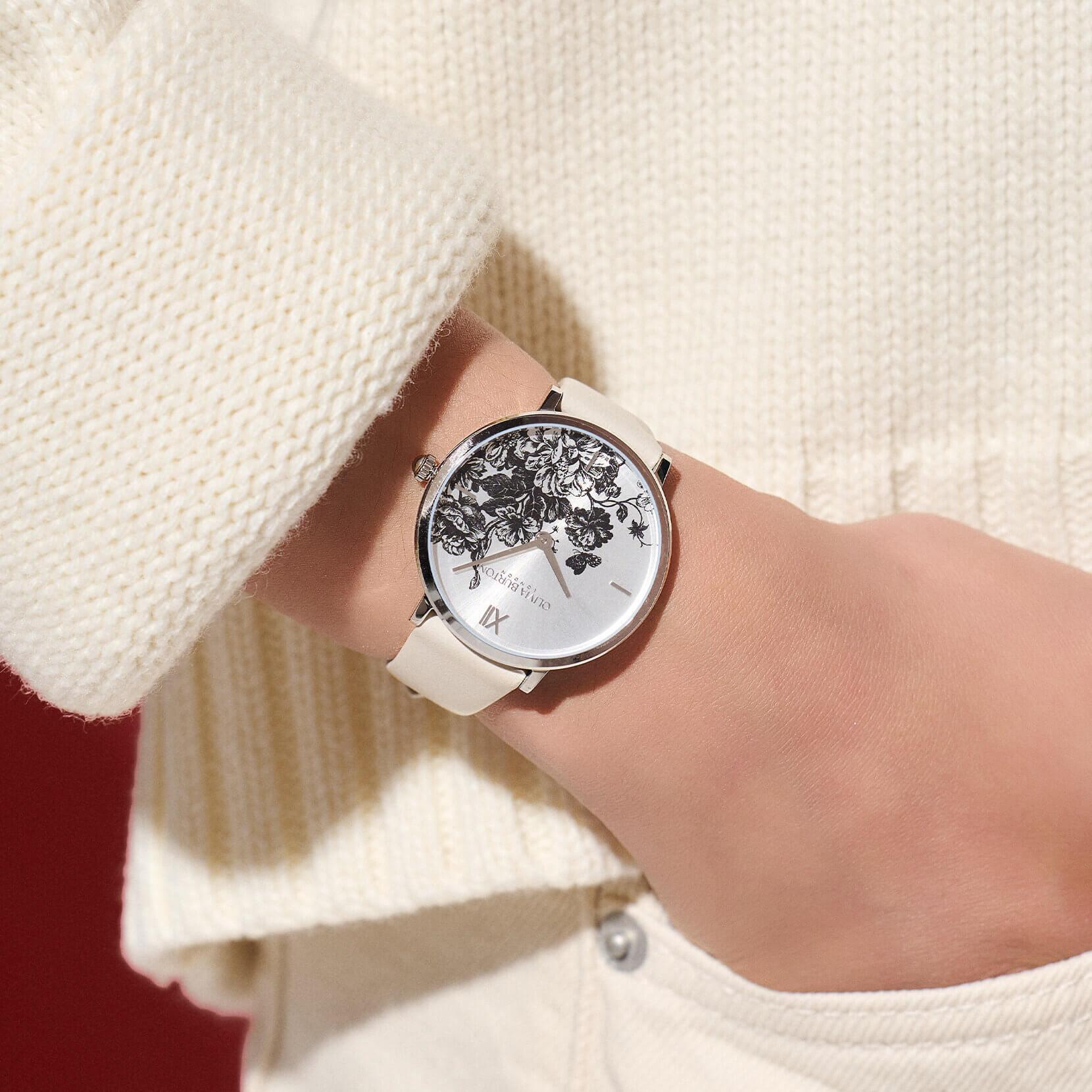 Floral Blooms Ultra Slim Silver & Antique Pearl Leather Strap Watch