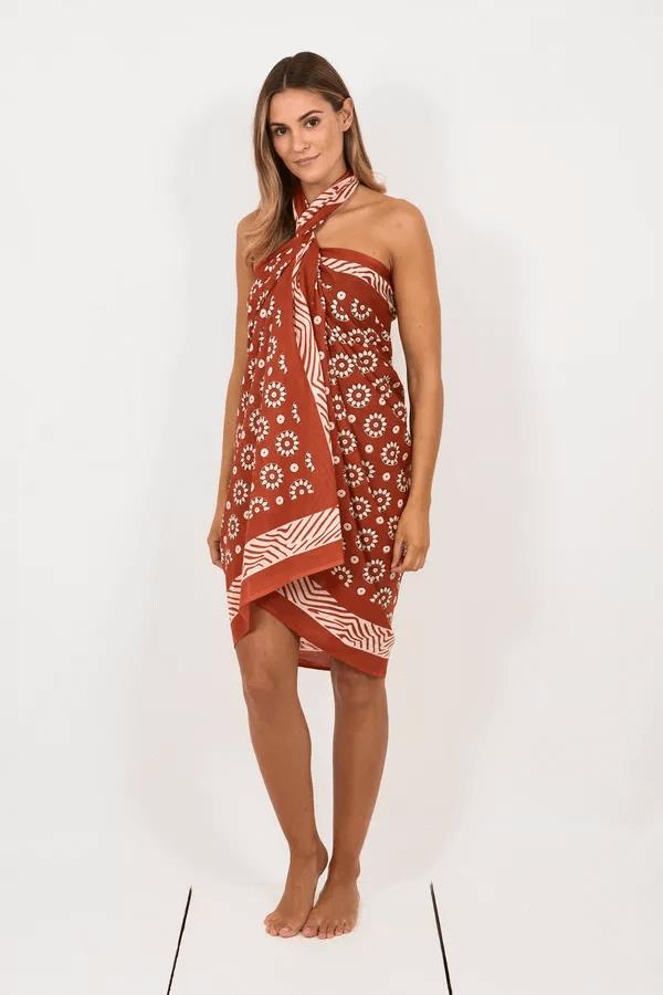 Hand Printed Cotton Sarong Coggs Rust