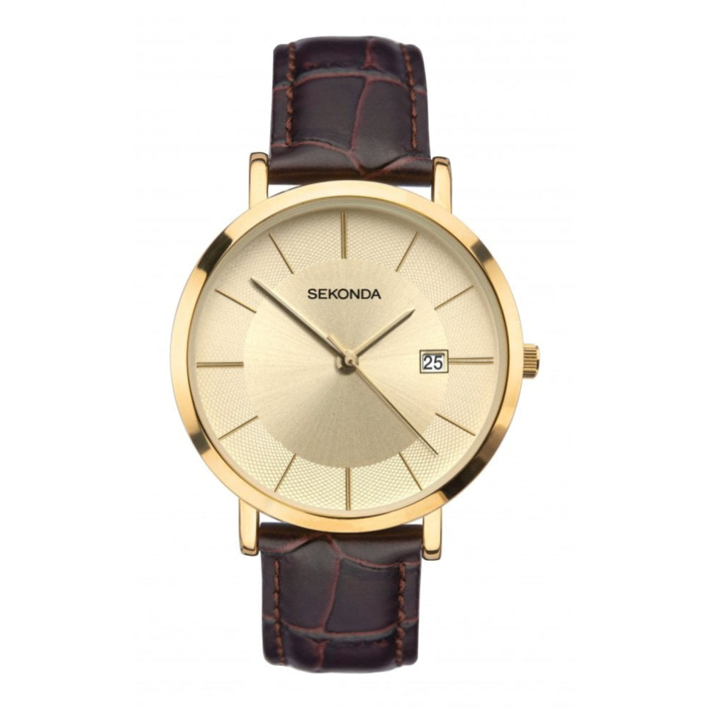 Gold Plated Case With Champagne Dial & Brown Leather Strap Gents Watch