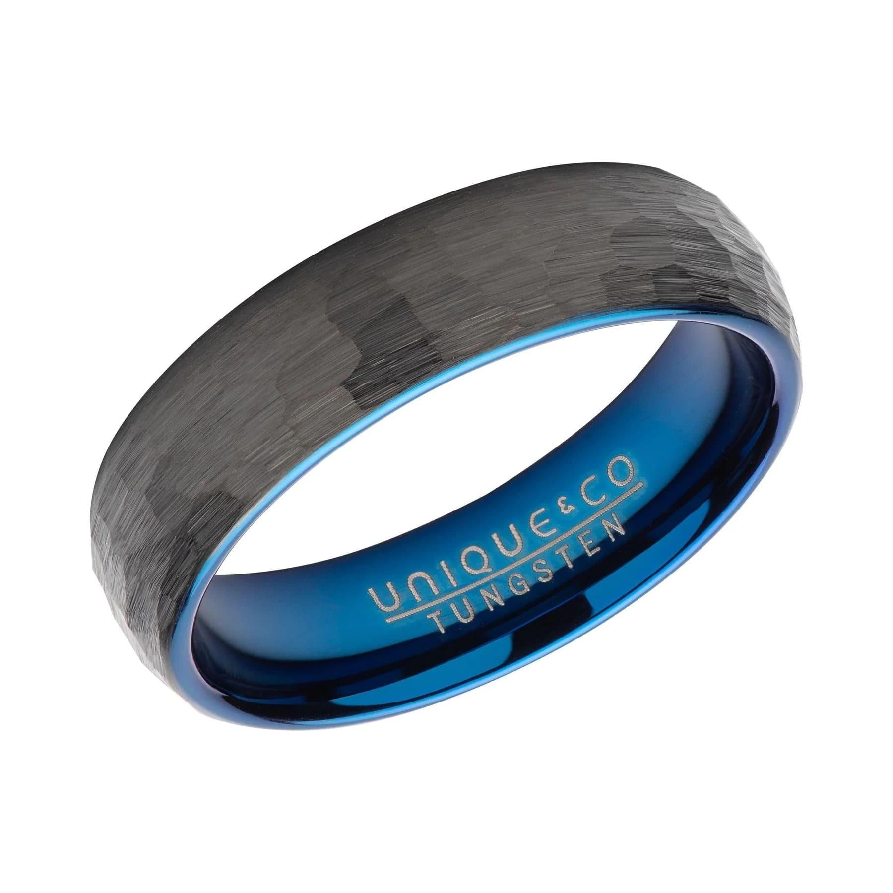 Hammered Tungsten Carbide Black & Blue Ring 6mm
