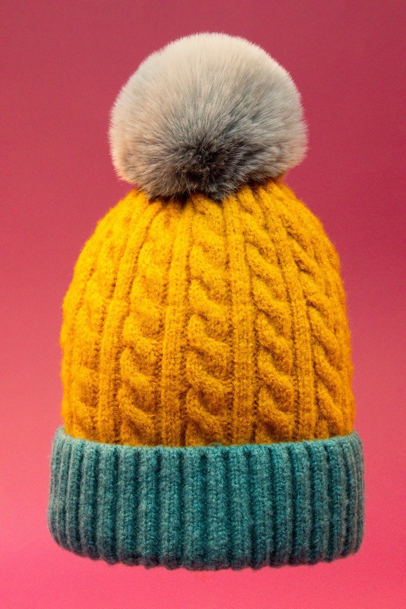 Greta Bobble Hat- Mustard/Teal