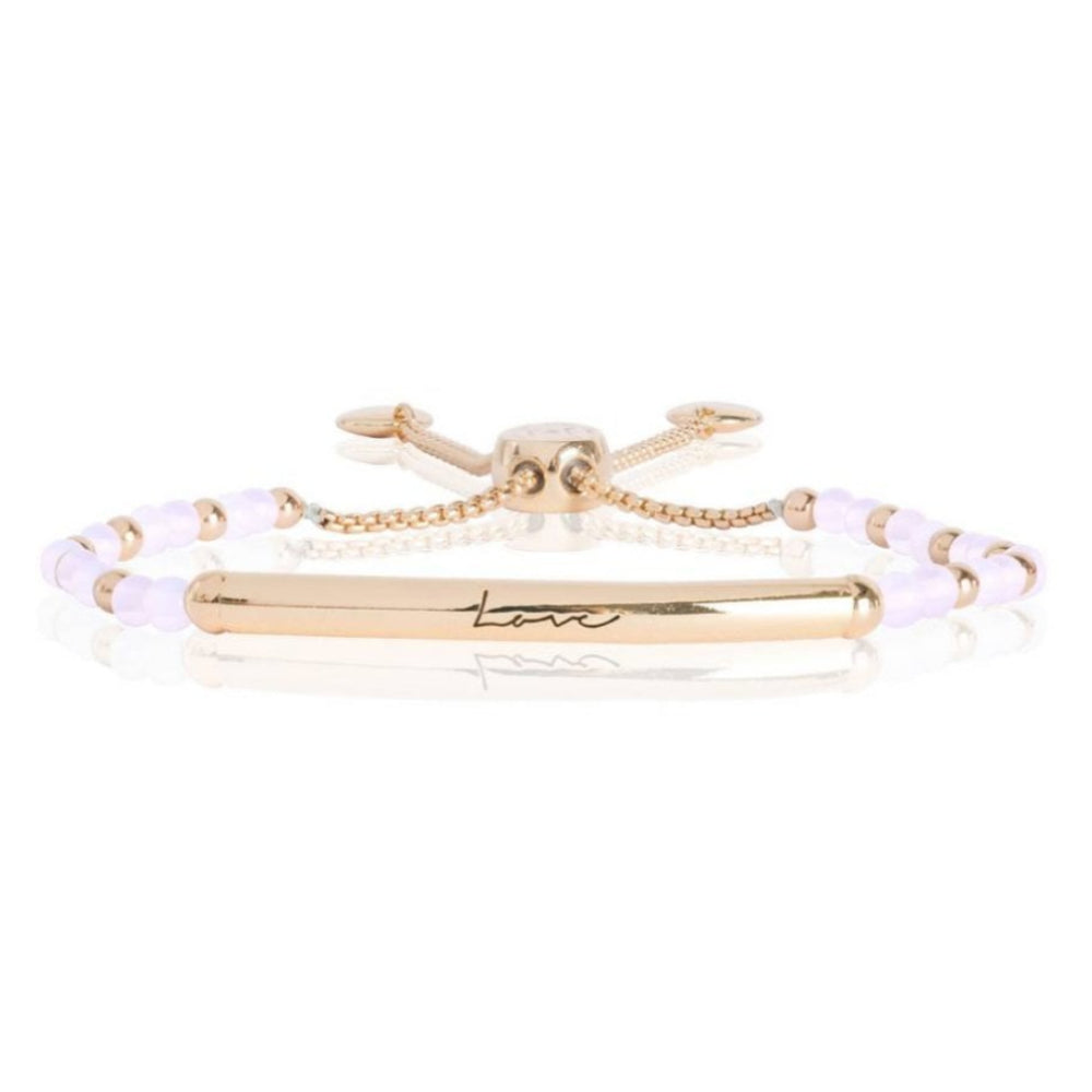 Signature Stones - Love Engraved Yellow Gold Bar With Rose Quartz Stones- Bracelet