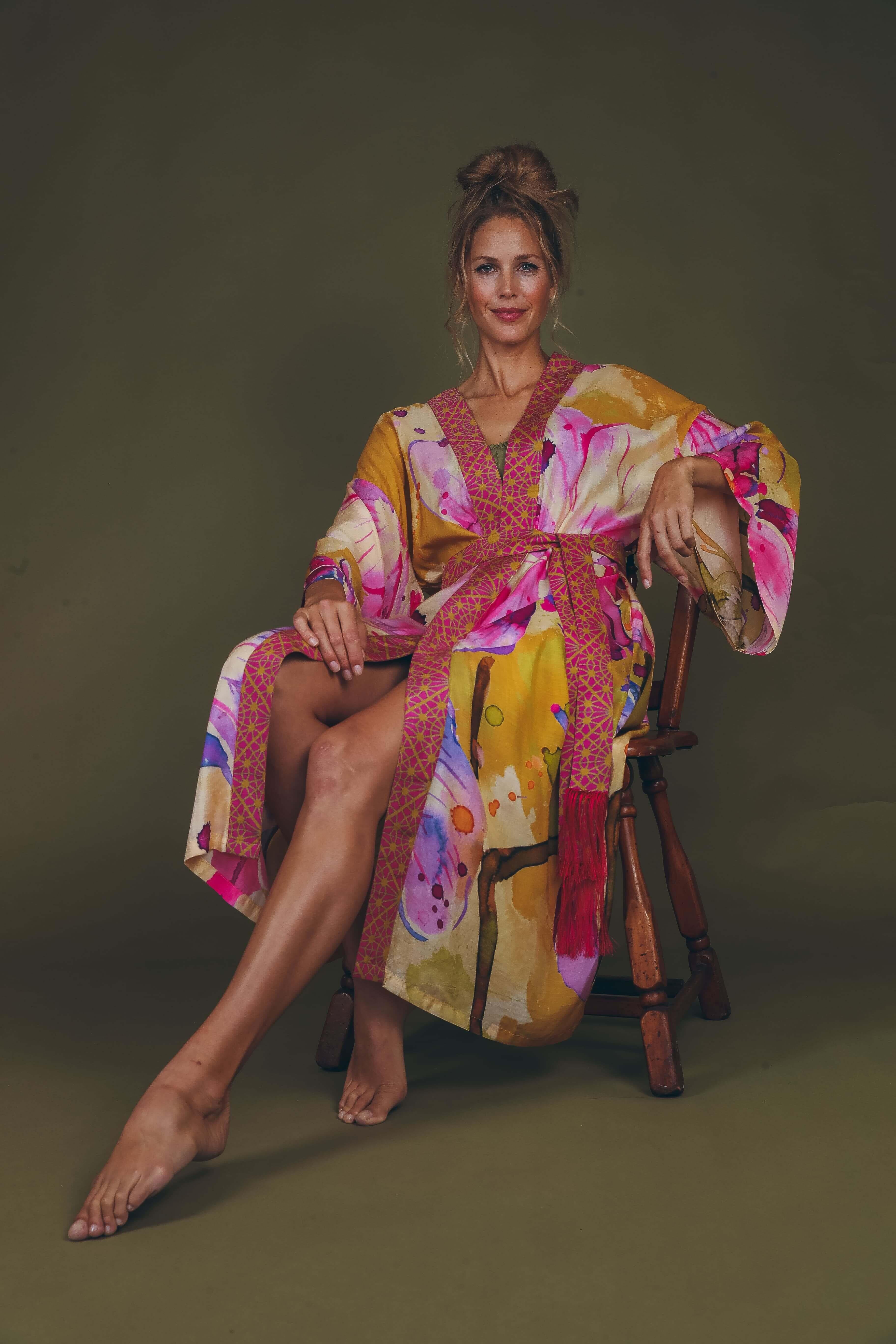 PRINTED KIMONO GOWN - Mustard Orchid