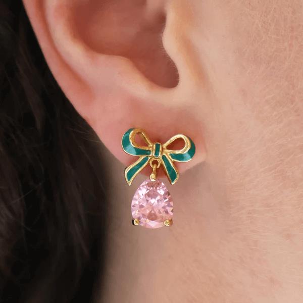 Amelia Bow Studs In Emerald Green Enamel, Pink CZ Teardrop & Gold
