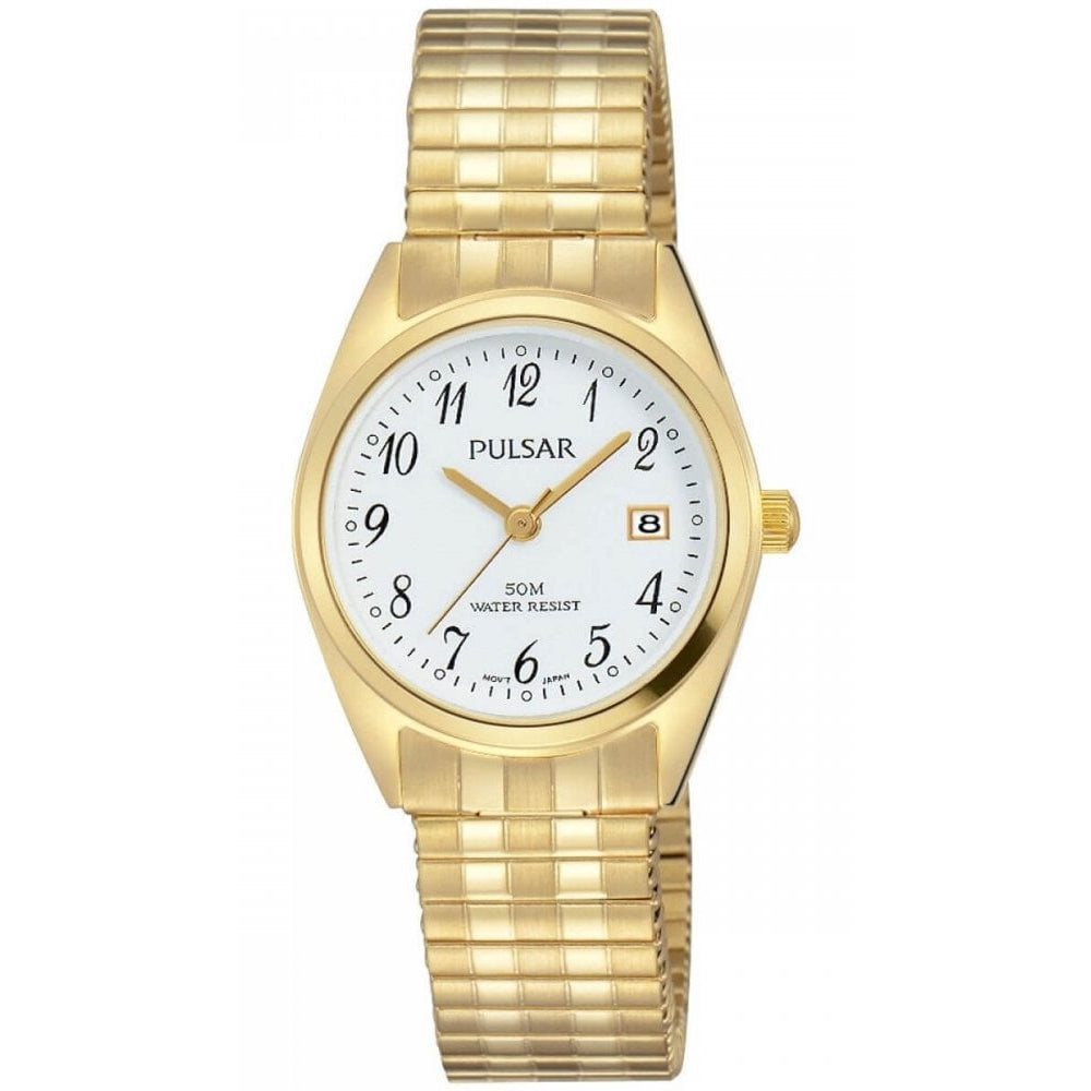 Gold Plated Expandable Bracelet Strap With Gold Plated Case & White Date Display Dial Ladies Watch