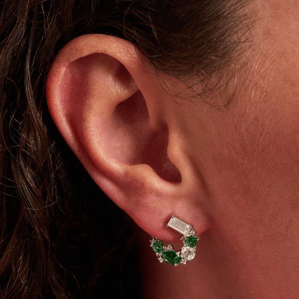 Lottie Cluster Sideways Hoops In Emerald, Clear CZ & Silver