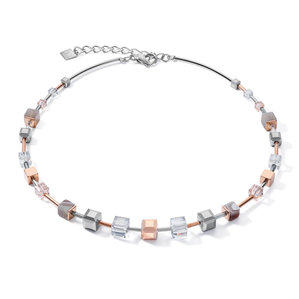 Rose Gold-Silver Big Geo Cubes With Botswana Agate Steel Necklace