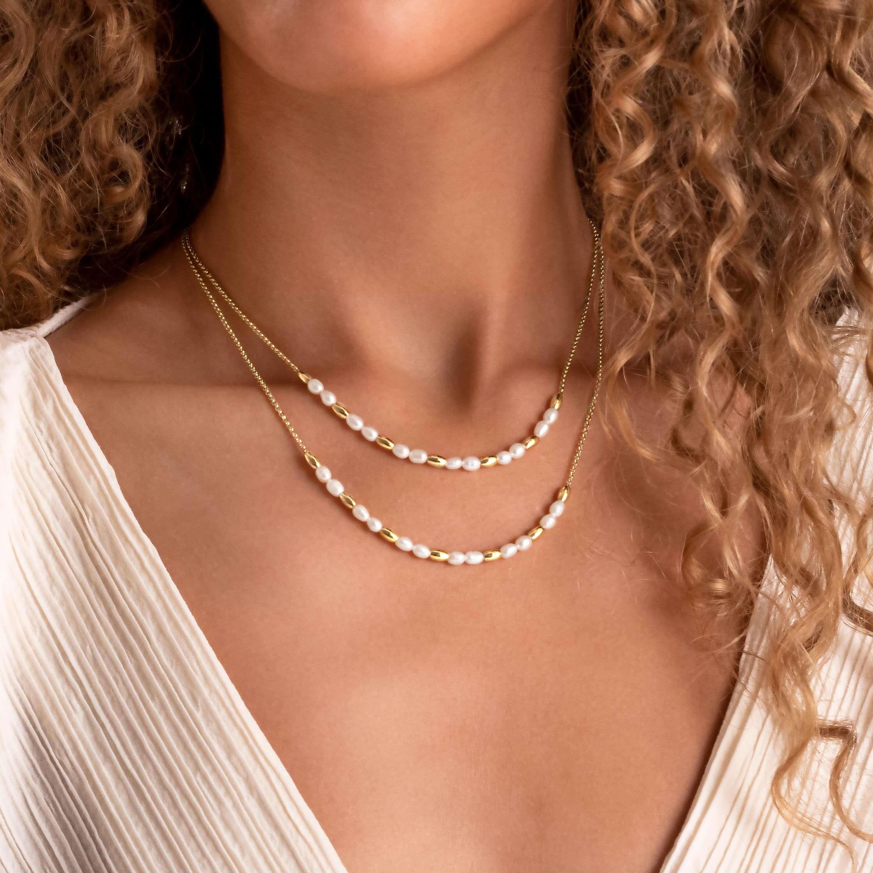 Riviera | Rice Pearl Layer Necklace | Gold | Necklace | Inner Chain 40cm, Outer Chain 45cm + 5cm Extender