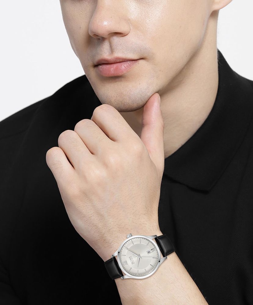 Elite Stainless Steel Silver Dial With Black Leather Strap Gents Watch