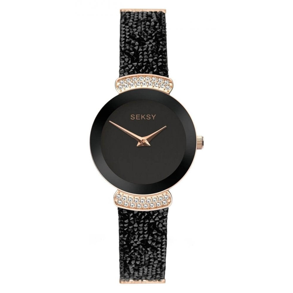 Rose Gold Plated Stone Set Case With Black Dial & Black Leather Strap With Crystals Ladies Watch
