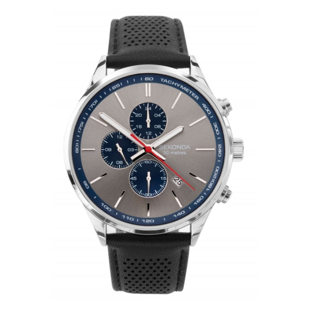 Stainless Steel Case With Grey Dual Time Dial & Black Leather Strap Gents Watch