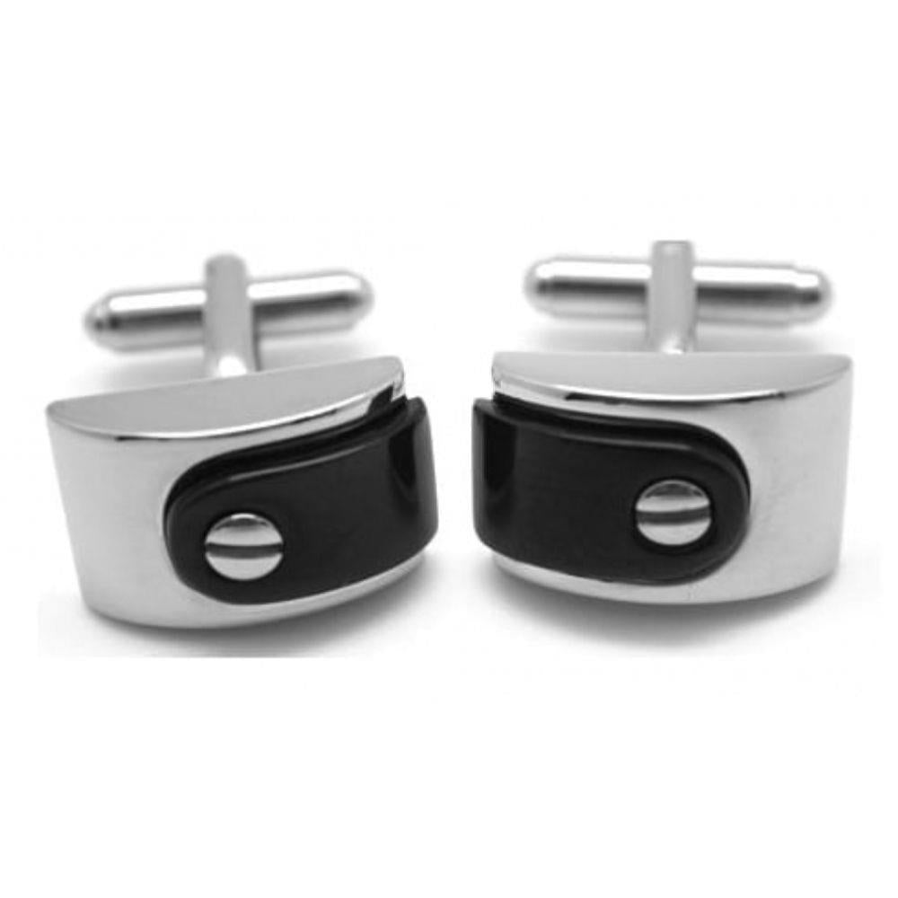 Rectangular Silver Tone With Black Enamel Cufflink