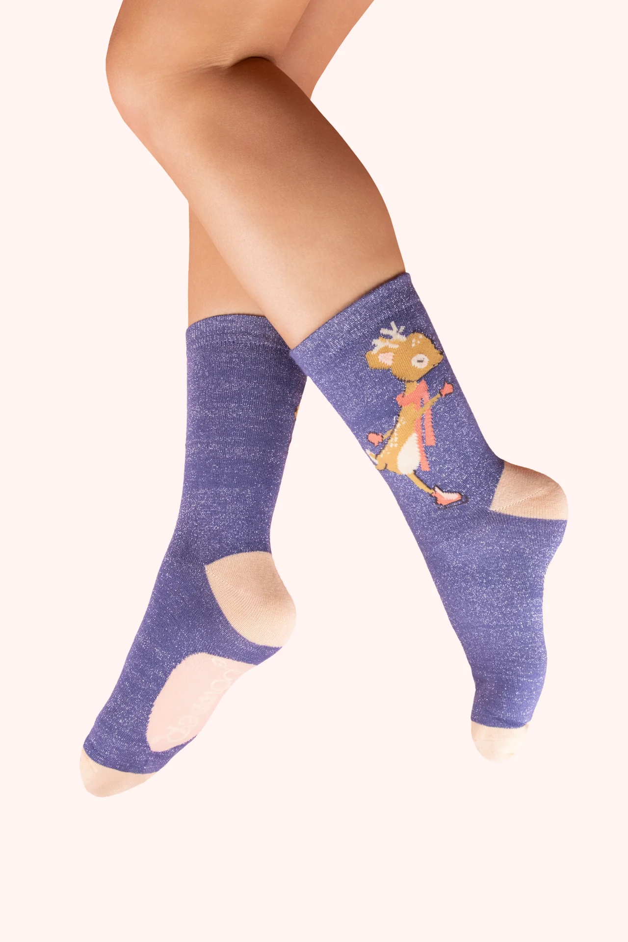 Glitter Ankle Socks - Skating Deer - Blue