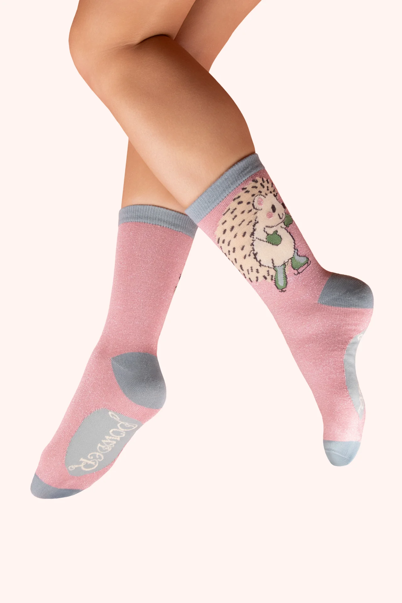 Glitter Ankle Socks - Skating Hedgehog - Pink