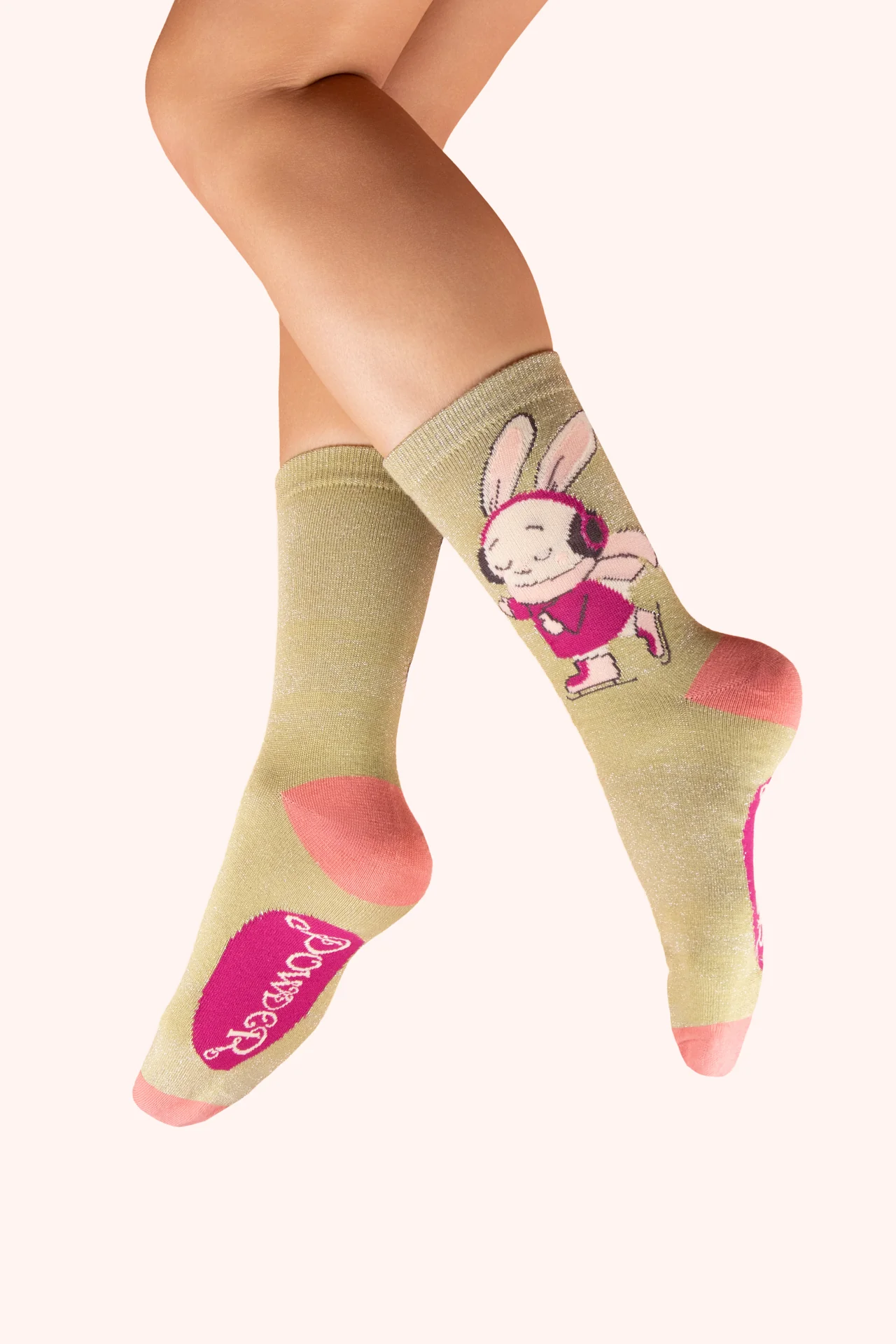Glitter Ankle Socks - Skating Bunny - Sage