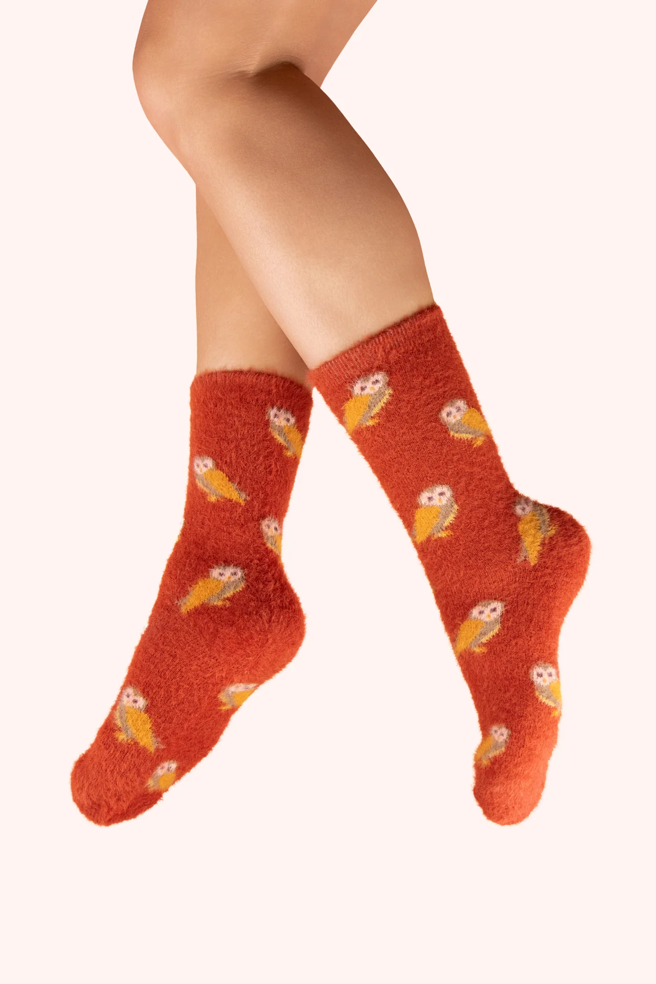 Fuzzy Socks - Mini Owls - Tangerine