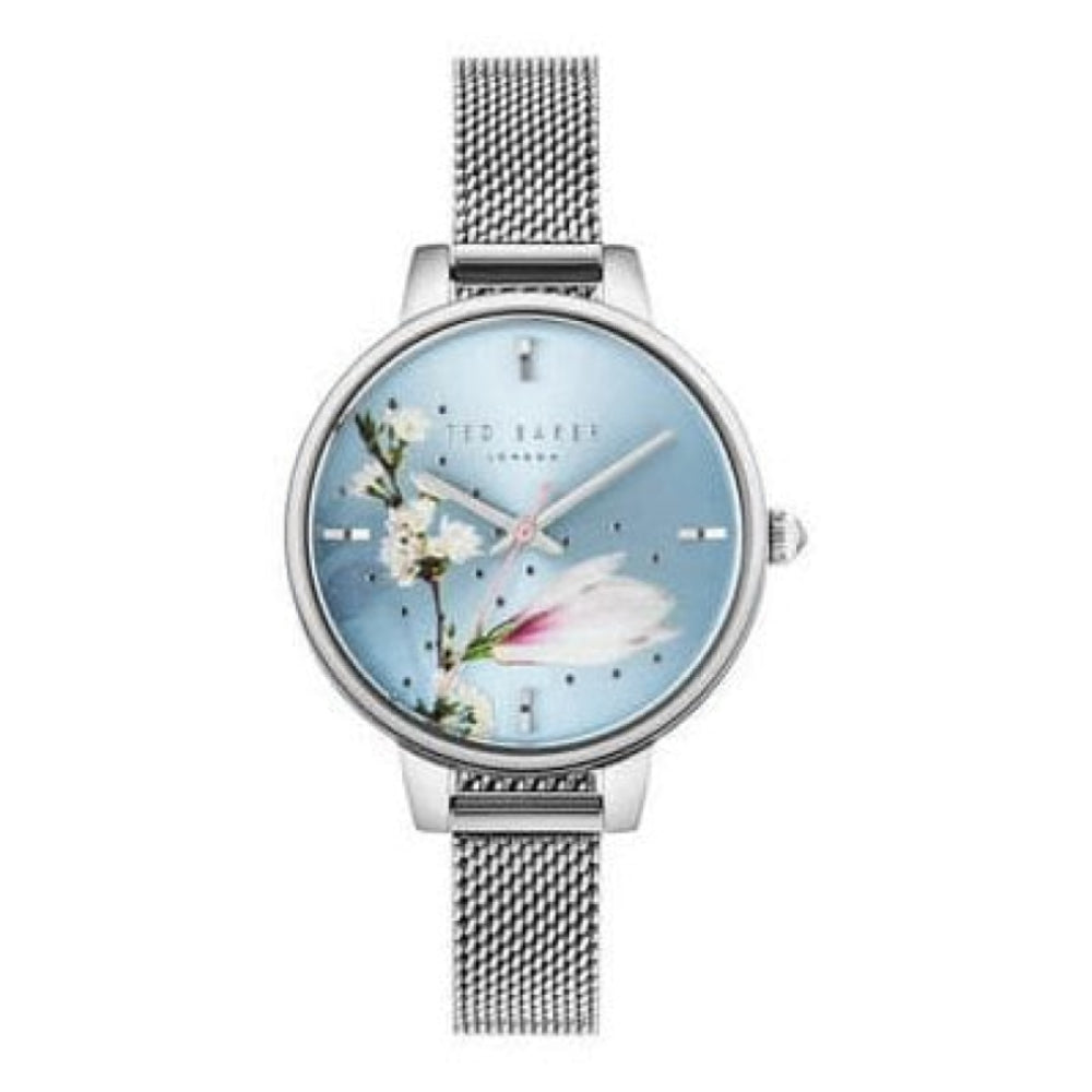 32mm Stainless Steel Case With Floral Print Blue Dial & Mesh Strap Ladies Watch