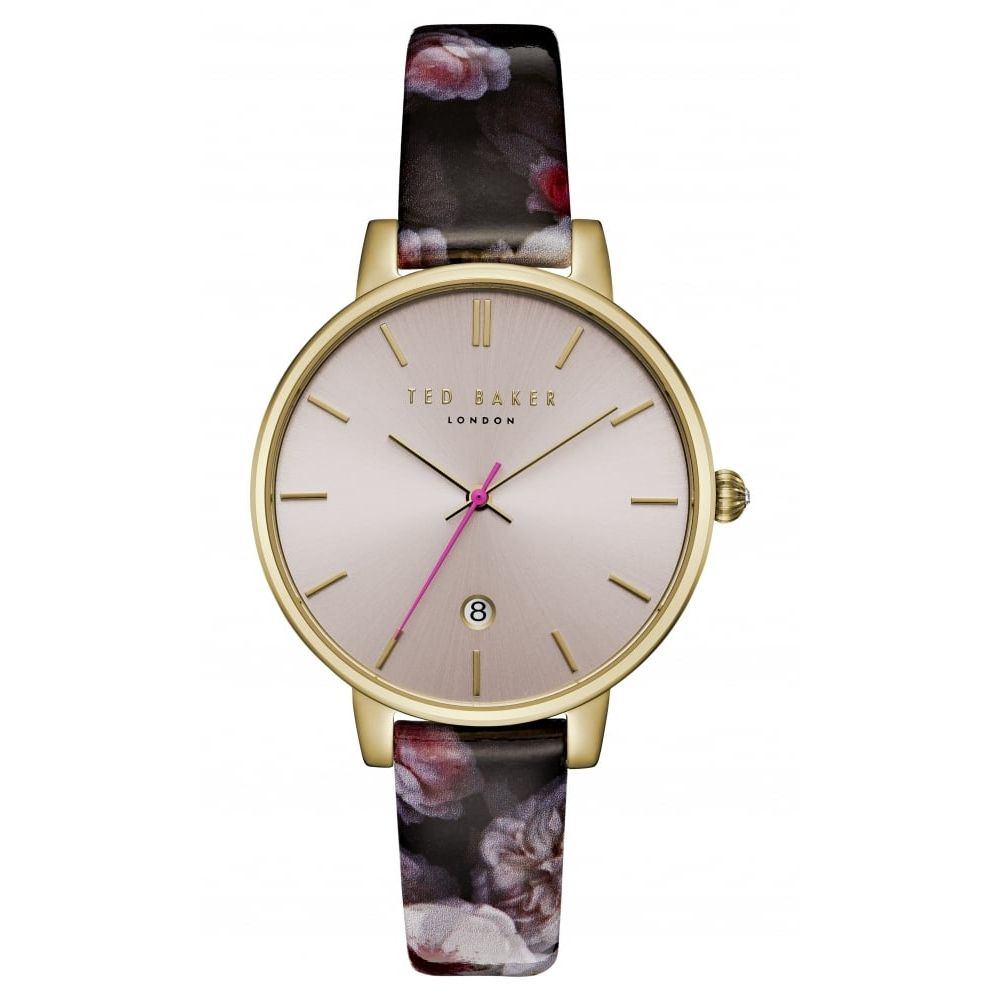 Ted Baker Ladies Gold Toned Dial With Black Floral Leather Strap