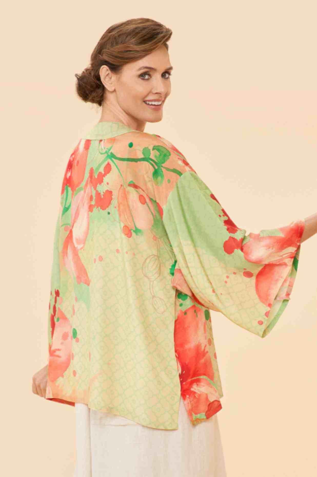 Watercolour Orchids Kimono Jacket - Green