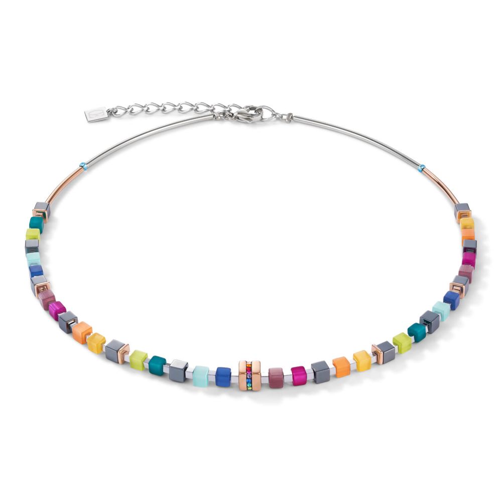 Stainless Steel Rose Gold & Crystals Pave Multicolour Geo Cube Necklace