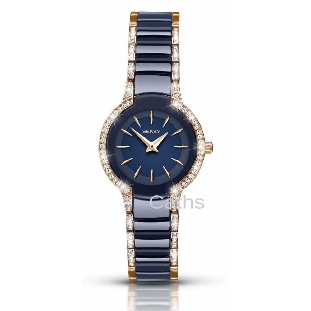Rose Gold Plated Stainless Steel Dial & Blue Strap With Stone Ladies Wristwatch