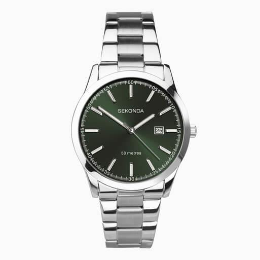 Silver Case With Green Dial & Stainless Steel Bracelet Mens Watch