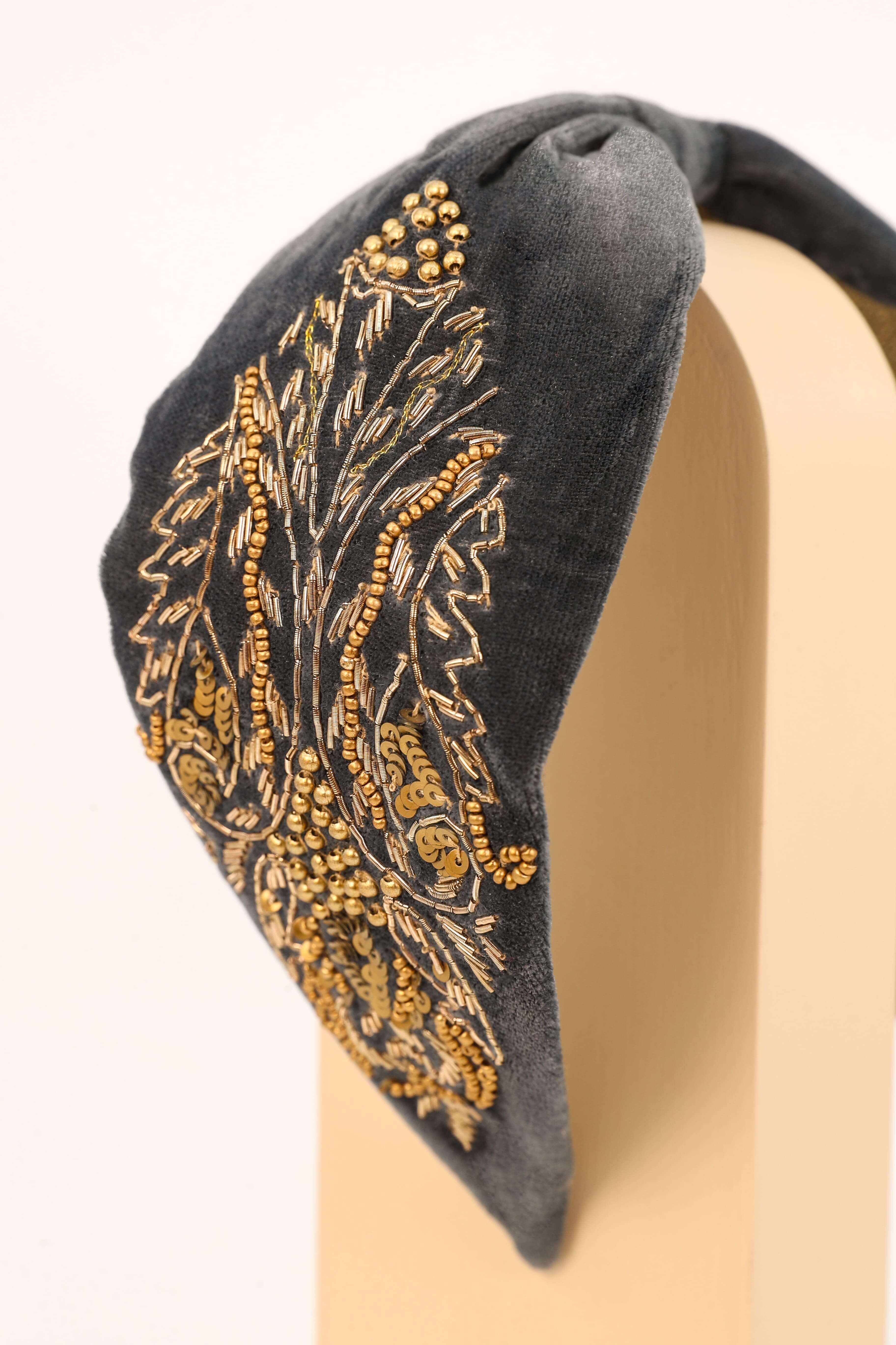 Embellished Wide Velvet Headband - Charcoal