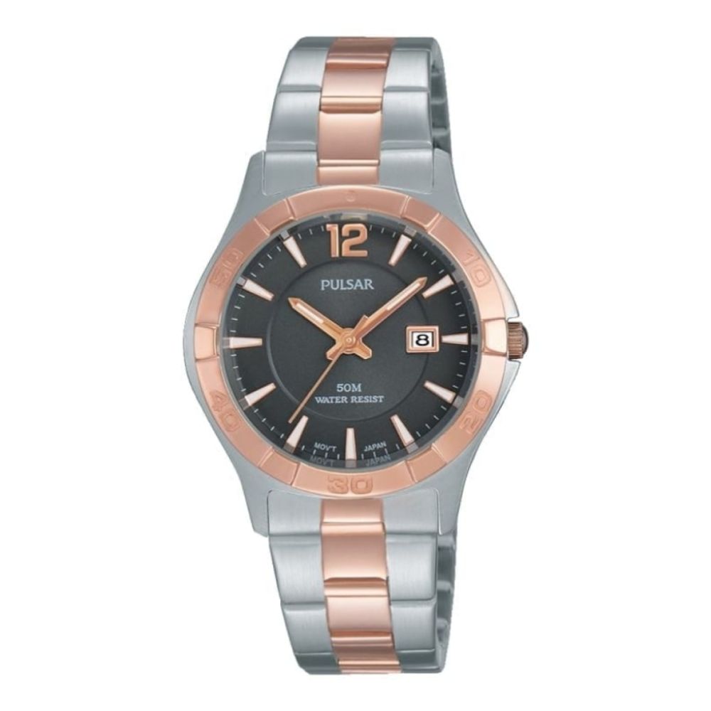 Womens Chrome/Rose Gold Bracelet Watch with Black Face