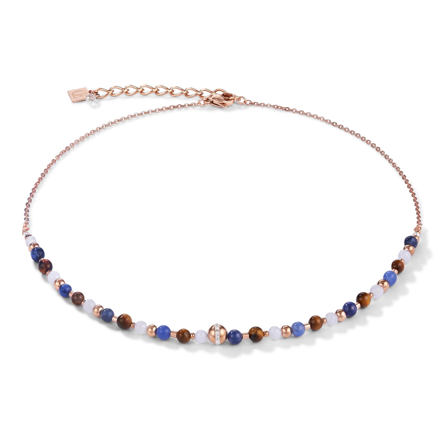 Rose Gold Plated & Blue-Brown Gemstones Ball Necklace