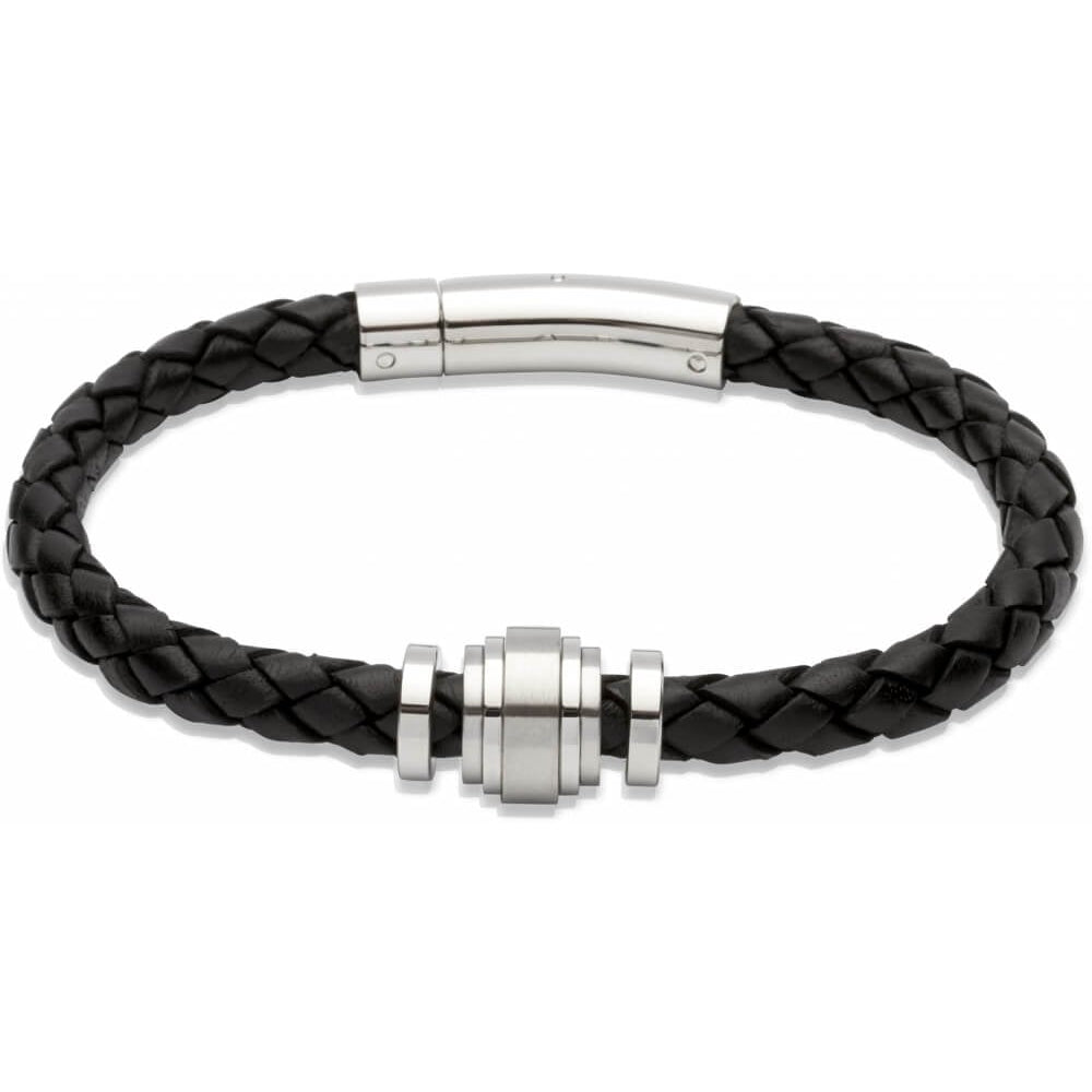 Black Leather Chrome Steel Elements and Clasp Bracelet