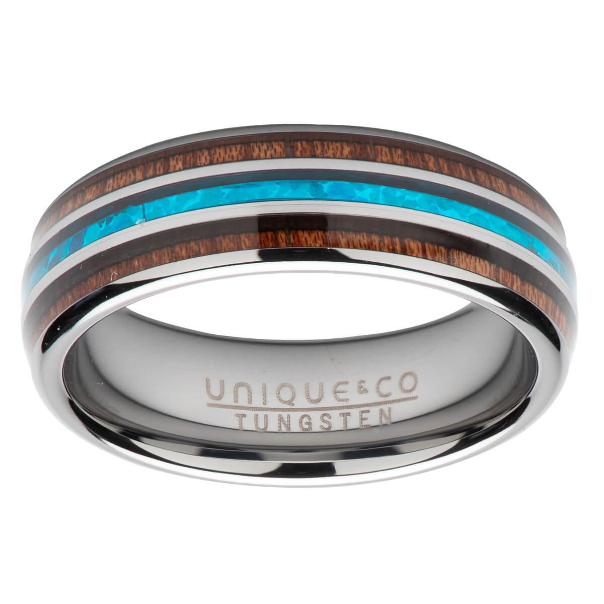 Tungsten Carbide Ring with Wood Inlay & Blue Opal Replica 7mm
