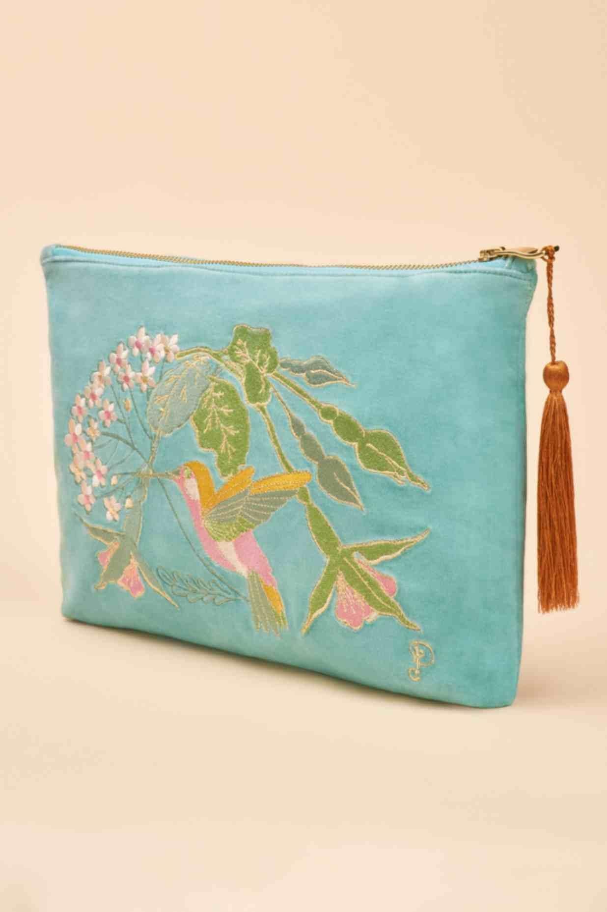 Velvet Zip Pouch - Hummingbird - Aqua