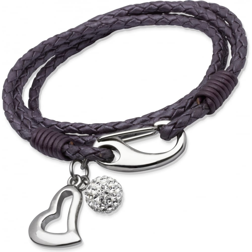 Berry Leather Bracelet Steel Shrimp Clasp White Crystal Ball-Heart