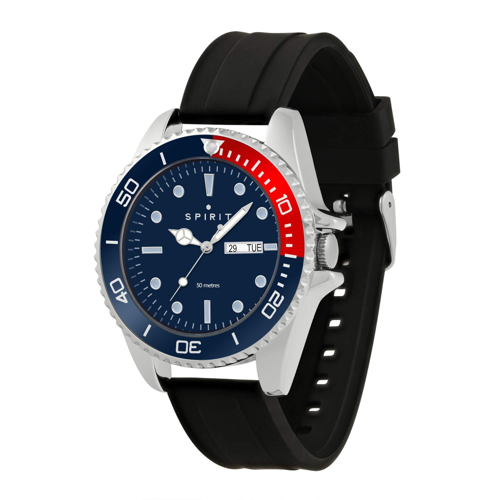 Gent's Polished Silver Sports Bezel Black Silicone Strap Watch