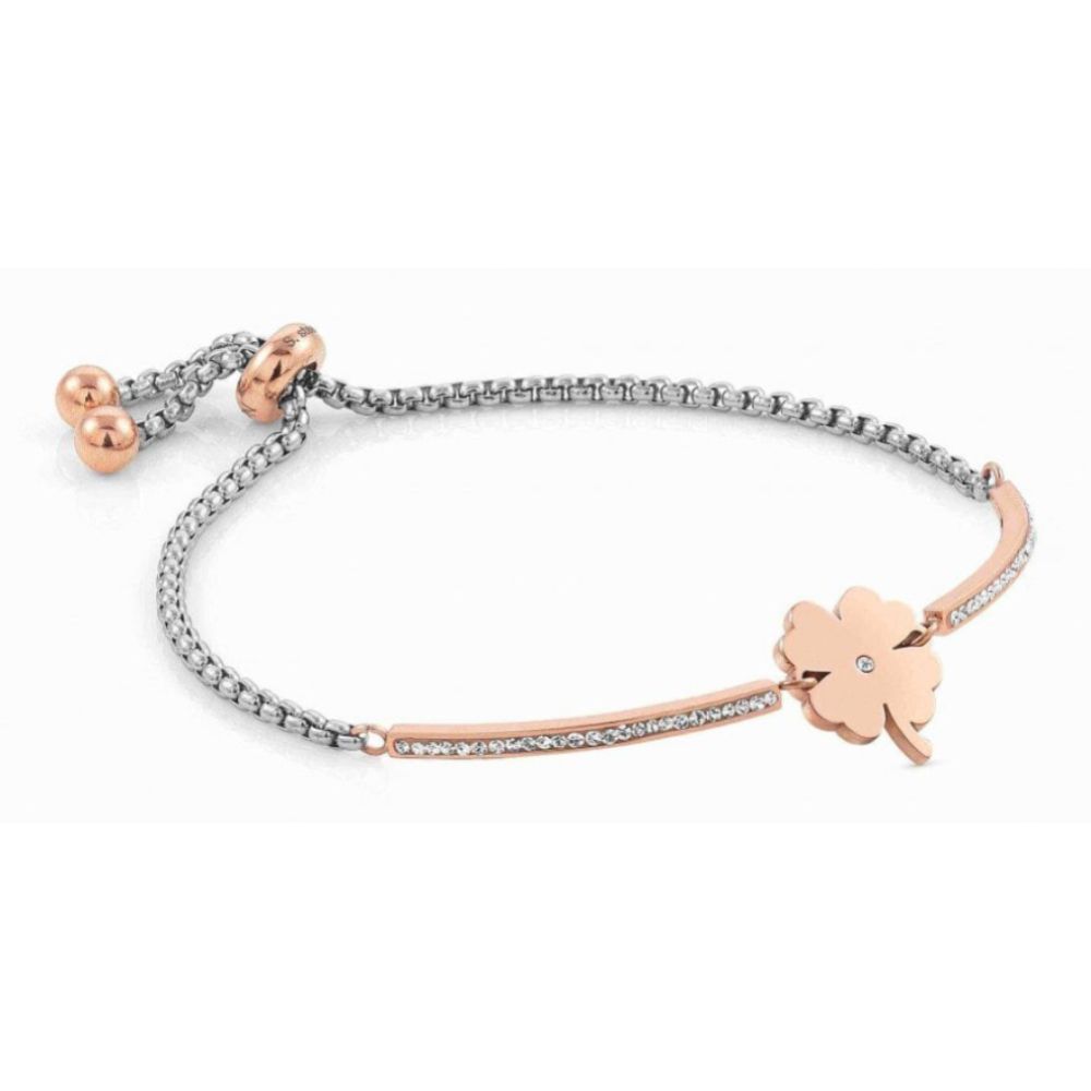 Milleluci Bracelet In Stainless Steel, CZ Stones & Rose Gold Four Leaf Clover
