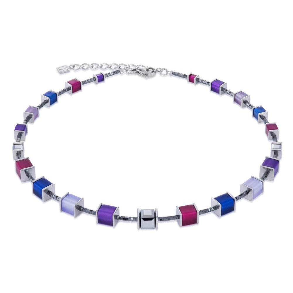Violet-Blue Geo Cube & Stainless Steel Necklace