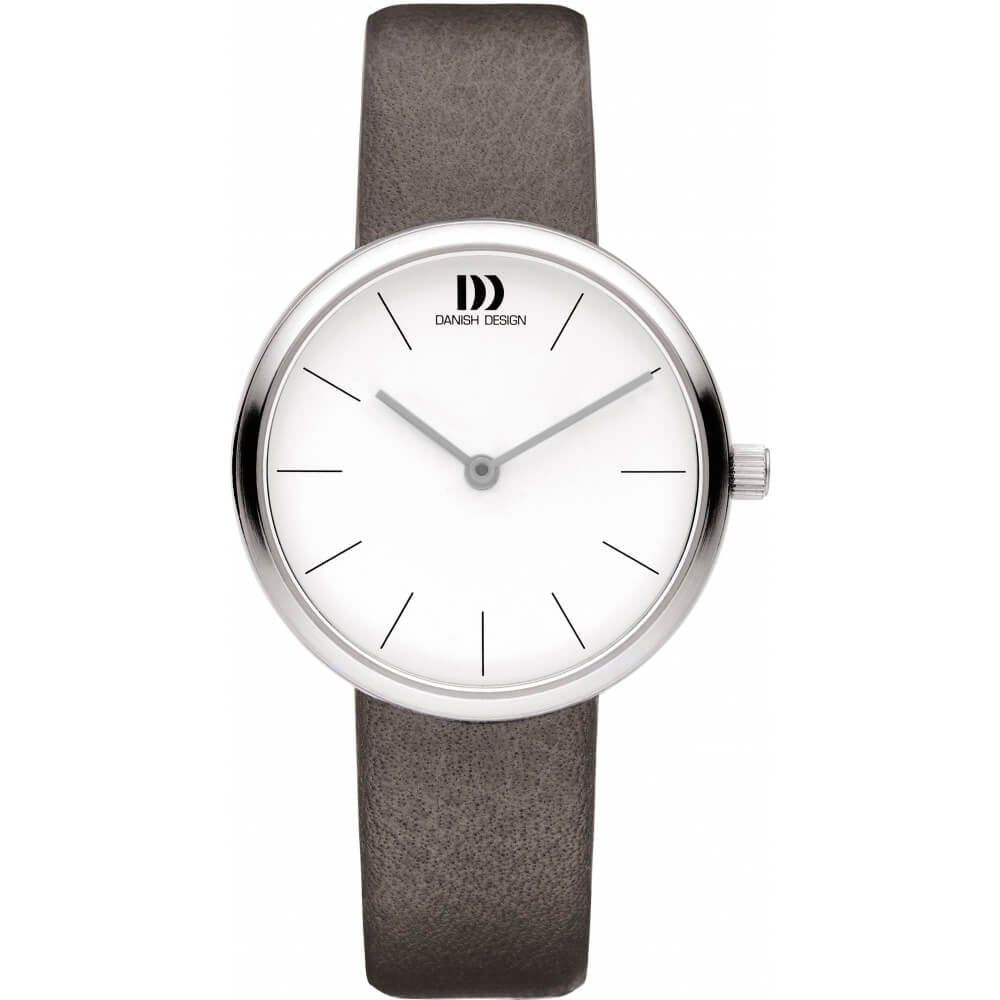 Stainless Steel Dial & Dark Grey Leather Strap Ladies Wristwatch