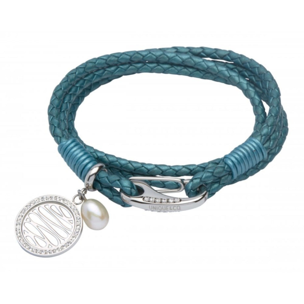 Truly Teal Leather Bracelet-Steel/Cz Clasp-Wave Charm-Pearl
