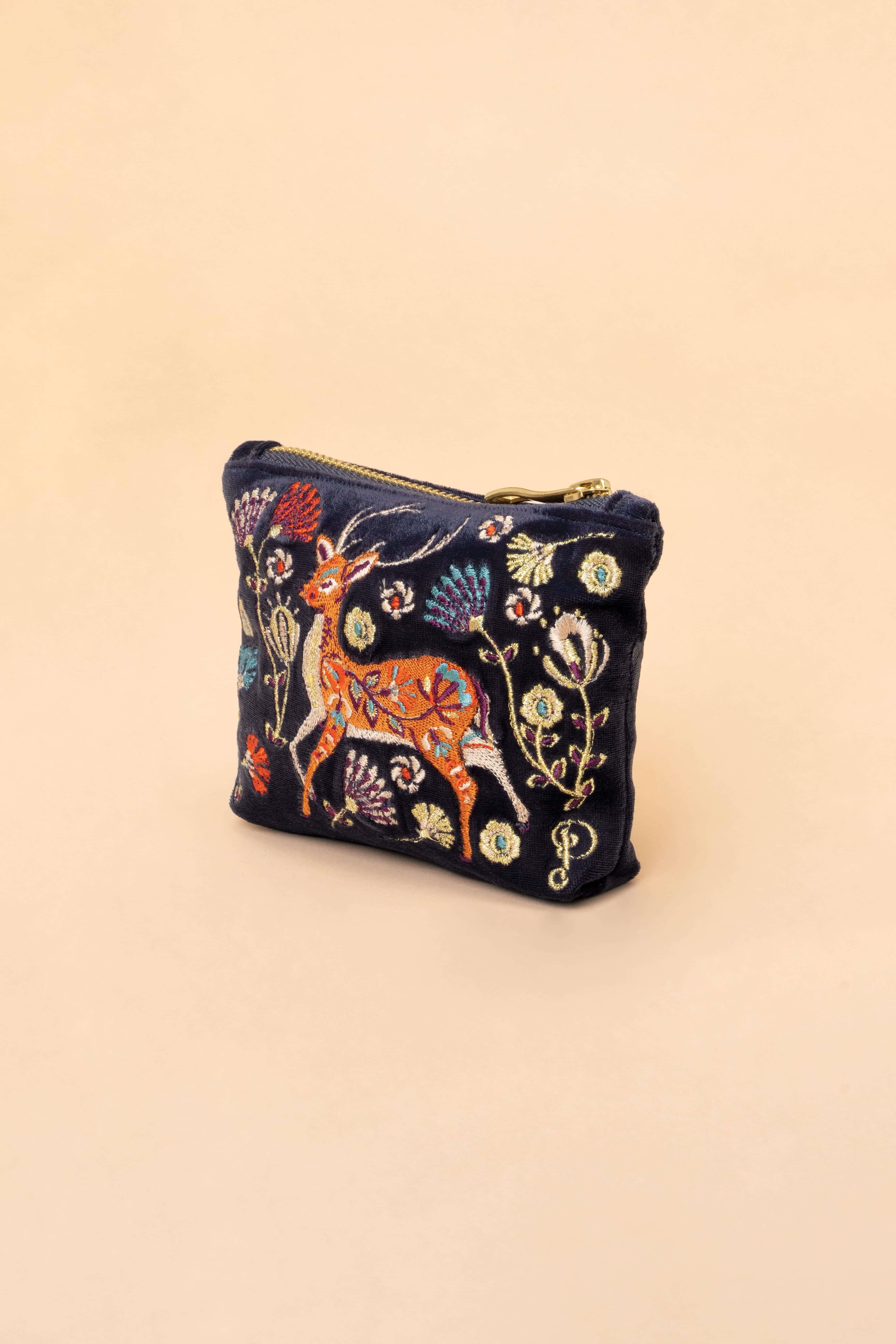Folk Art Deer Velvet Mini Pouch - Slate