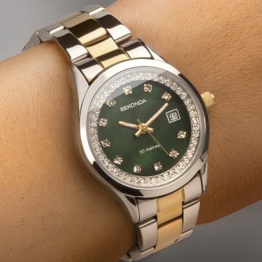 Catherine Silver Case & SS Bracelet With Green Dial Ladies Watch