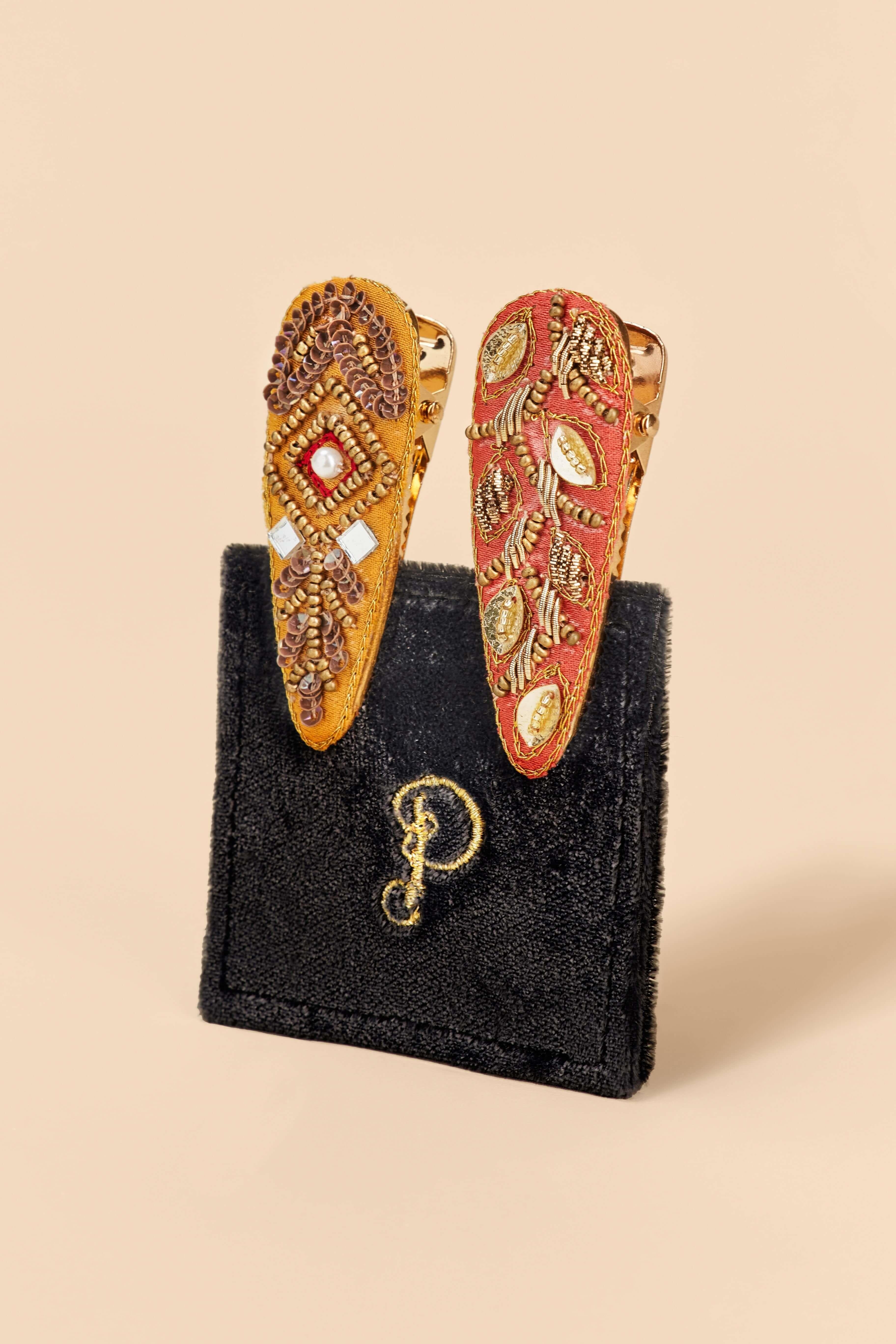 Jewelled Hair Clips (Set of 2) - Diamond and 60s Abstract, Mustard & Coral