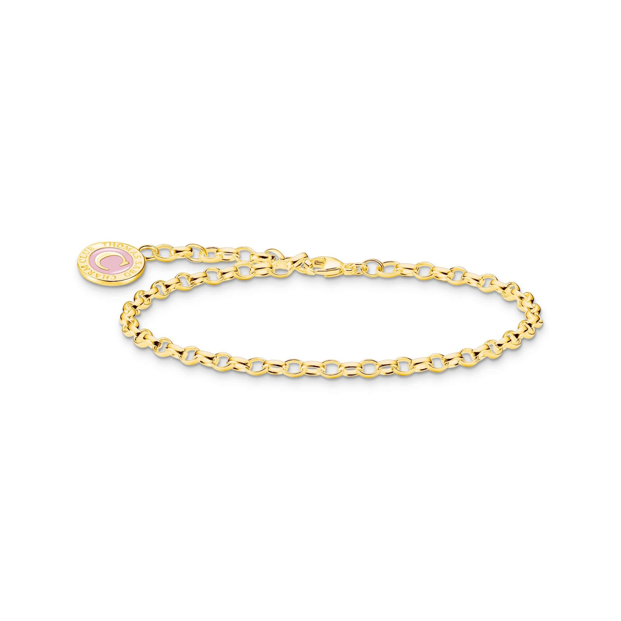 Gold Plated Member Charm Wide Anchor Link Bracelet With Pink Charmista Disc
