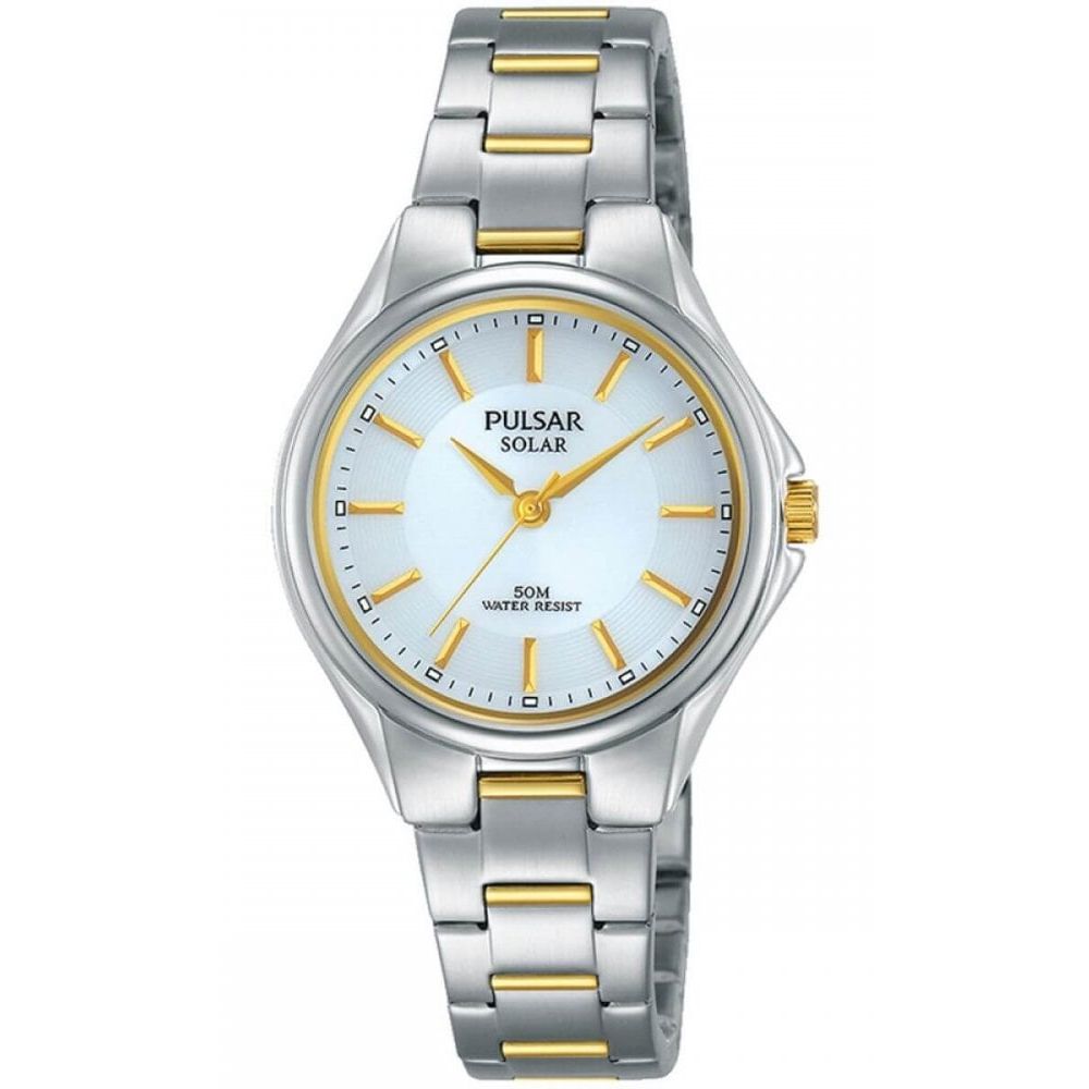 Two Tone Bracelet Strap With White Dial & Steel Case, Solar Powered Ladies Watch