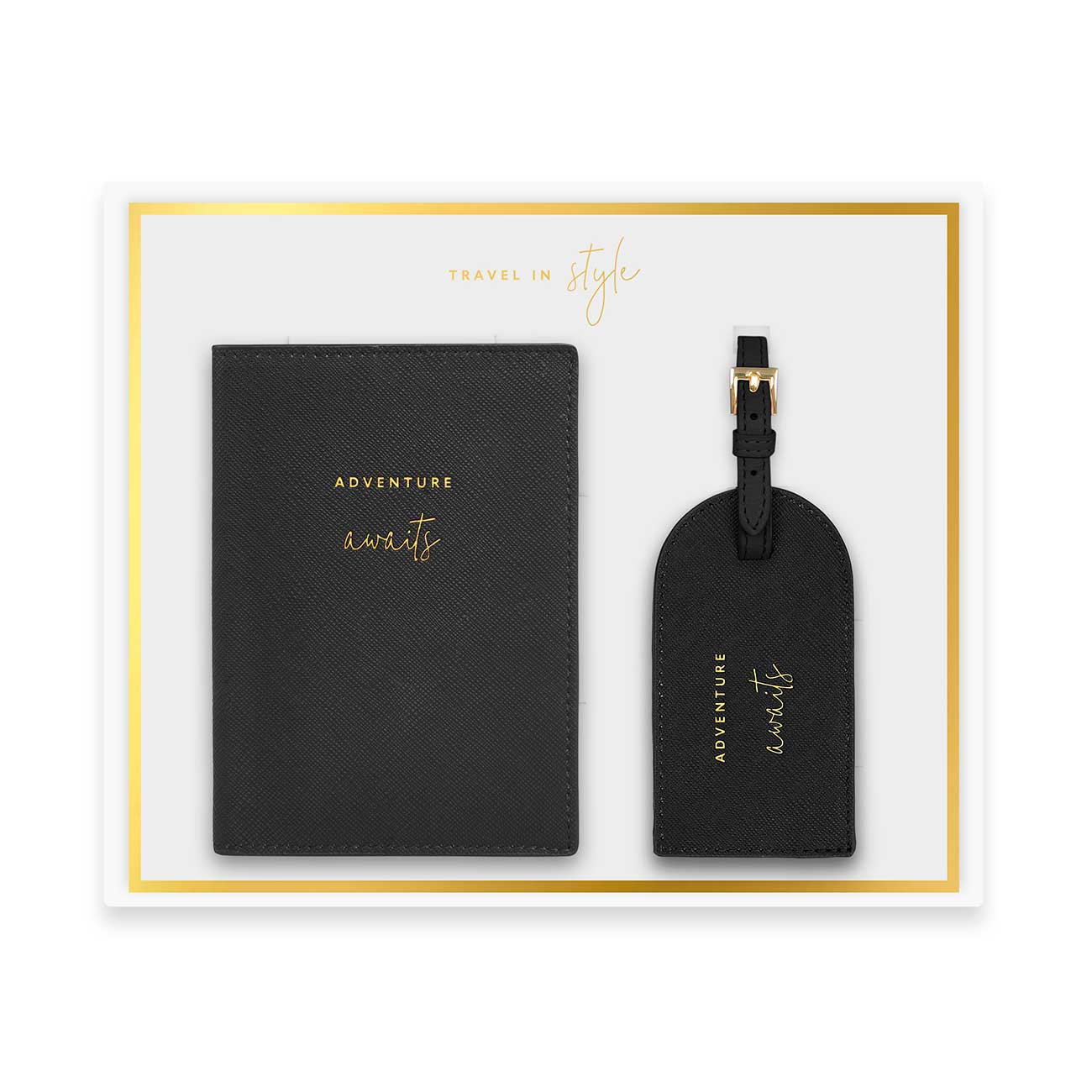 Boxed Passport Holder and Luggage Tag Set | Adventure Awaits | Black