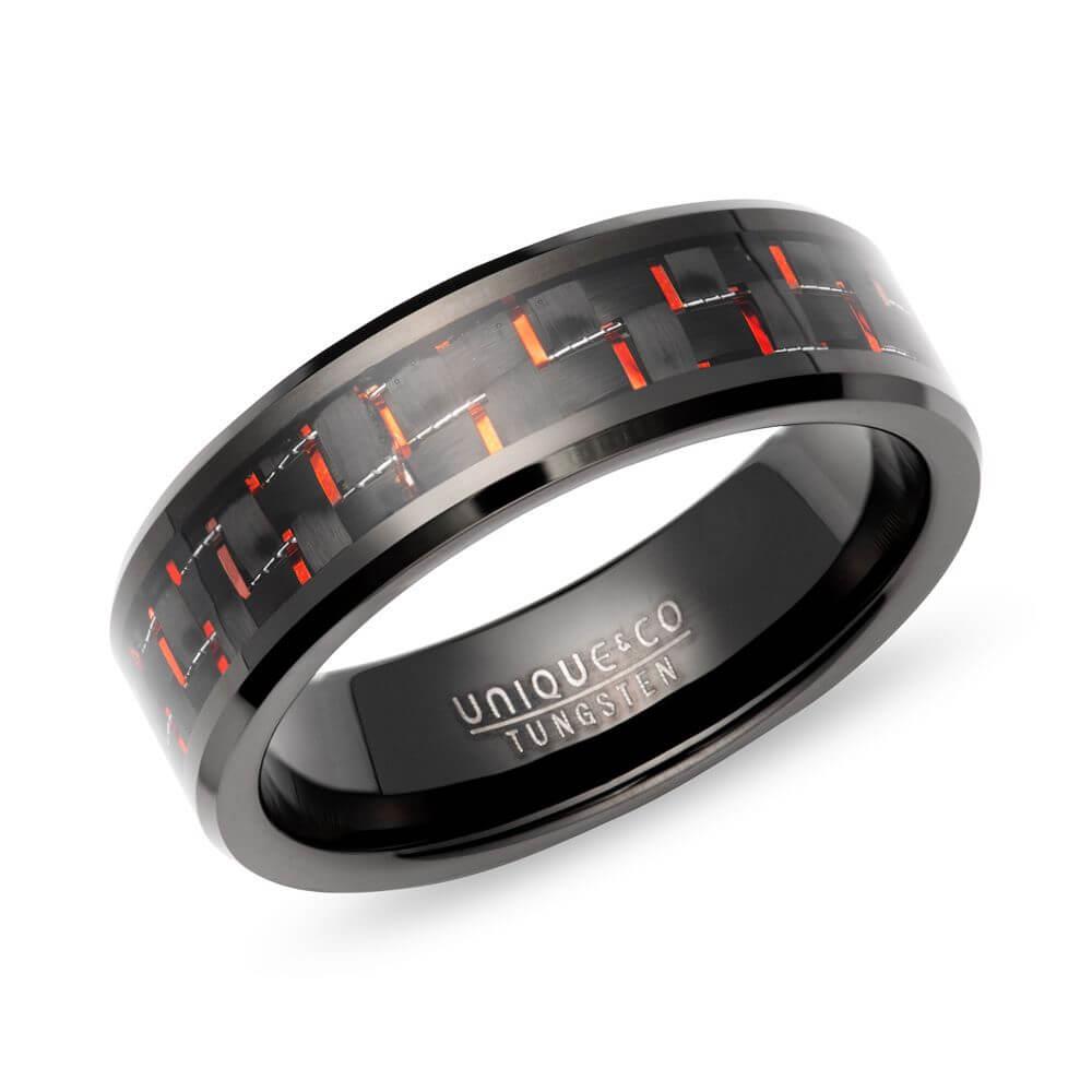 Black IP Tungsten Carbide Ring With Red Carbon Fibre 7mm