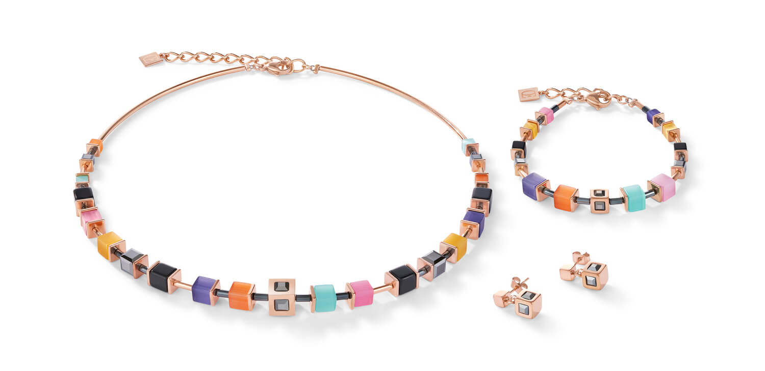 Rose Gold Plated & Crystal Multicolour Geo Cube Necklace