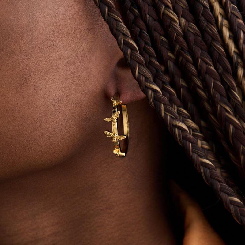 Gold Tone Lucky Bee Open Hoop Earrings