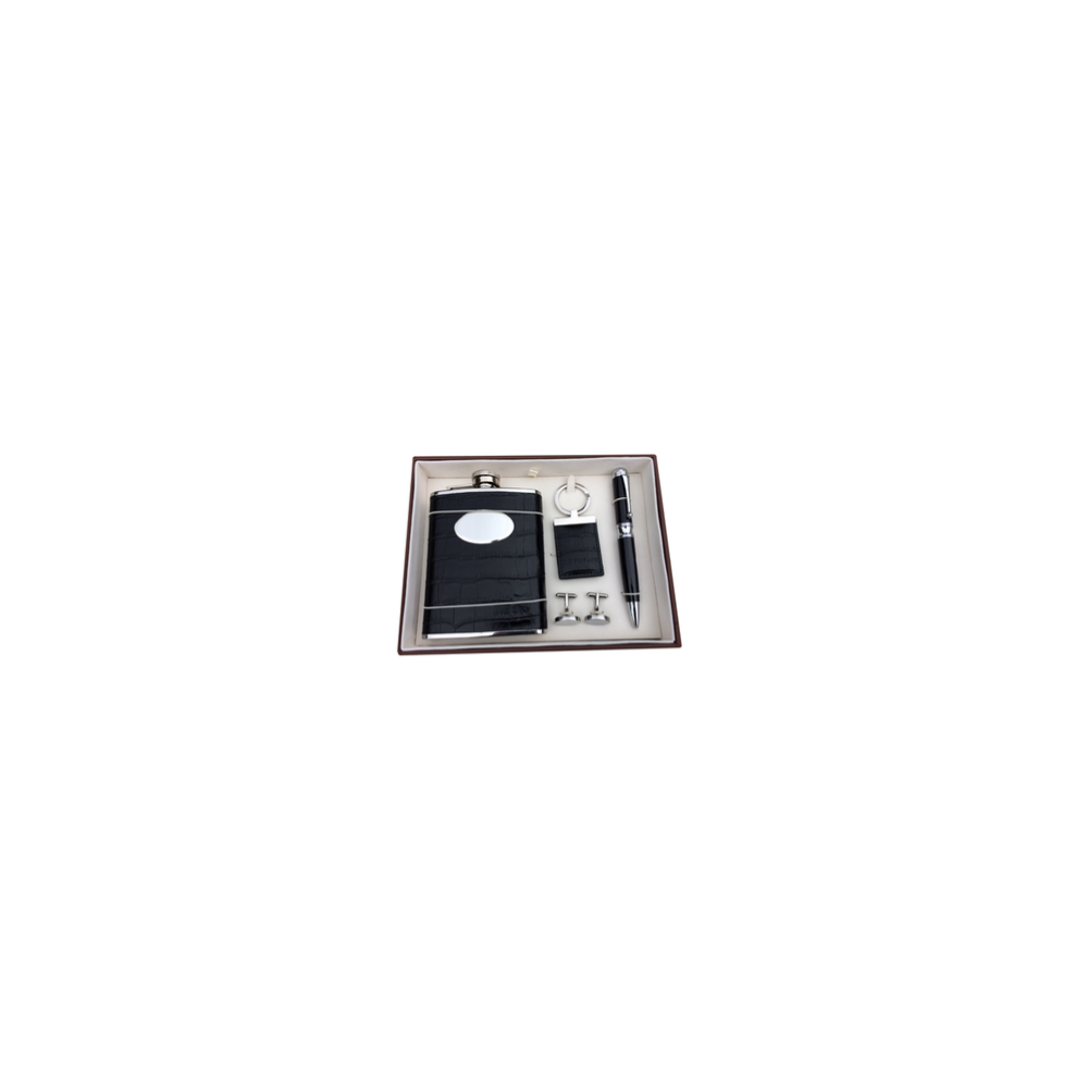 Men's Gift Set With Black Hip Flask, Ball Point Pen, Key Ring & Oval Cufflinks